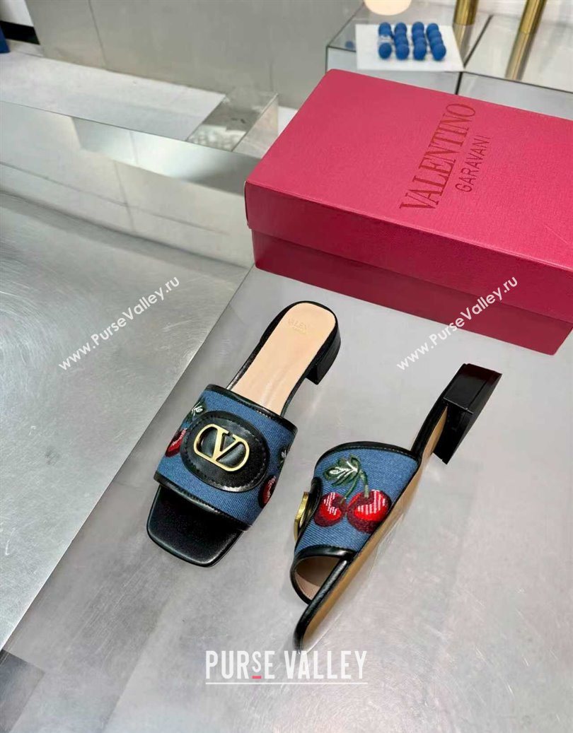 Valentino VLogo Signature Cherryfic Slides Sandal 3cm in Blue Denim and Leather Black 2025 1104 (XL-251104095)