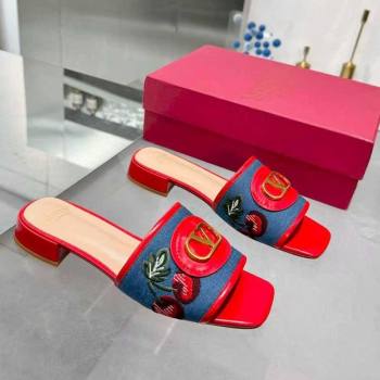 Valentino VLogo Signature Cherryfic Slides Sandal 3cm in Blue Denim and Leather Red 2025 1104 (XL-251104096)