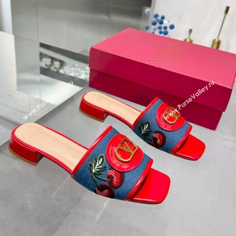 Valentino VLogo Signature Cherryfic Slides Sandal 3cm in Blue Denim and Leather Red 2025 1104 (XL-251104096)