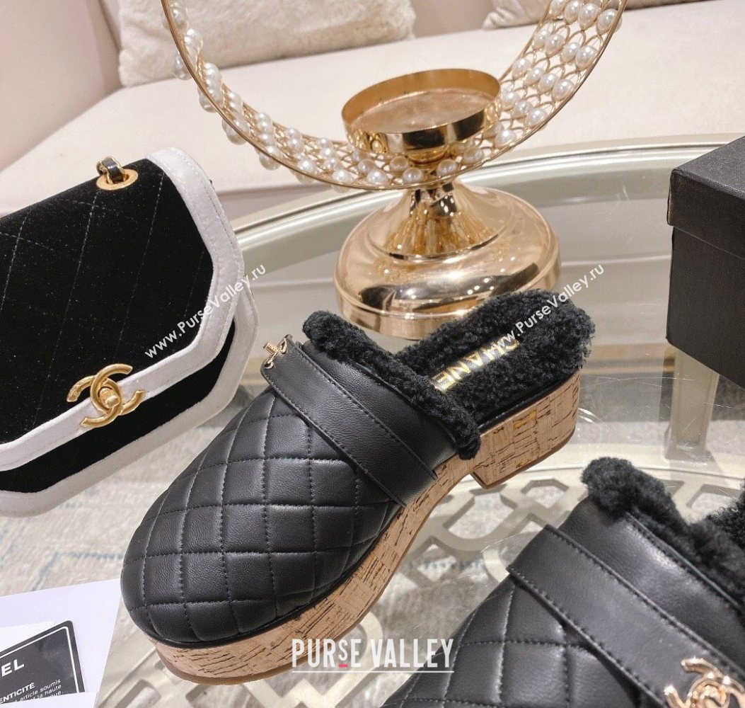 Chanel Quilted Calfskin Leather and Wool Platform Mules with Strap Black 2025 CH110407 (MD-251104078)
