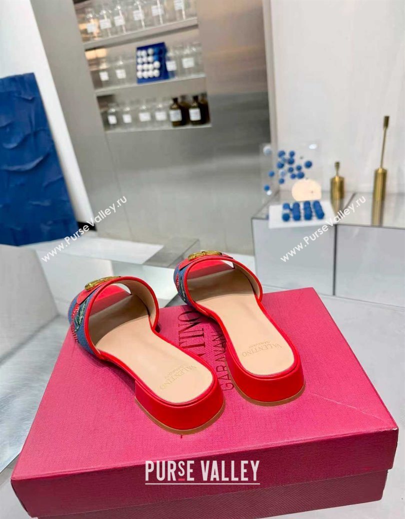 Valentino VLogo Signature Cherryfic Slides Sandal 3cm in Blue Denim and Leather Red 2025 1104 (XL-251104096)