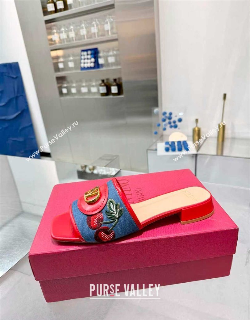 Valentino VLogo Signature Cherryfic Slides Sandal 3cm in Blue Denim and Leather Red 2025 1104 (XL-251104096)