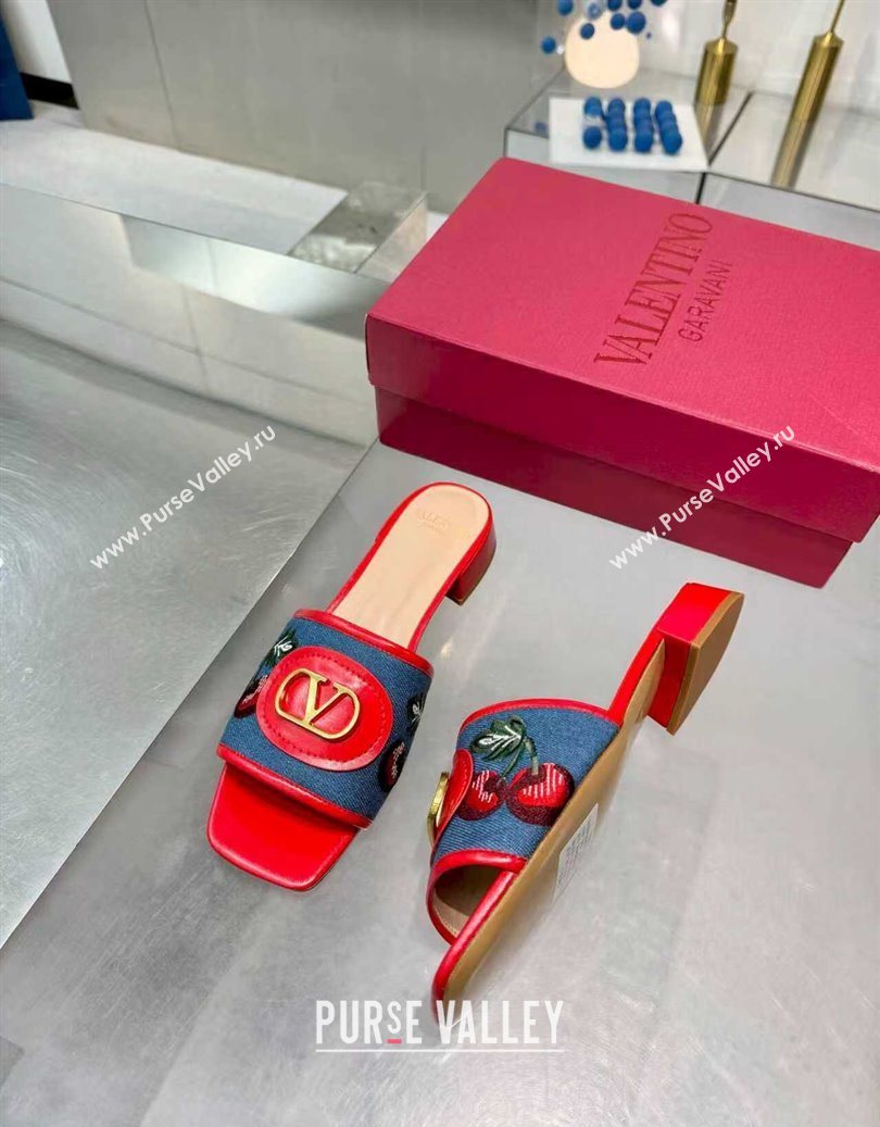 Valentino VLogo Signature Cherryfic Slides Sandal 3cm in Blue Denim and Leather Red 2025 1104 (XL-251104096)