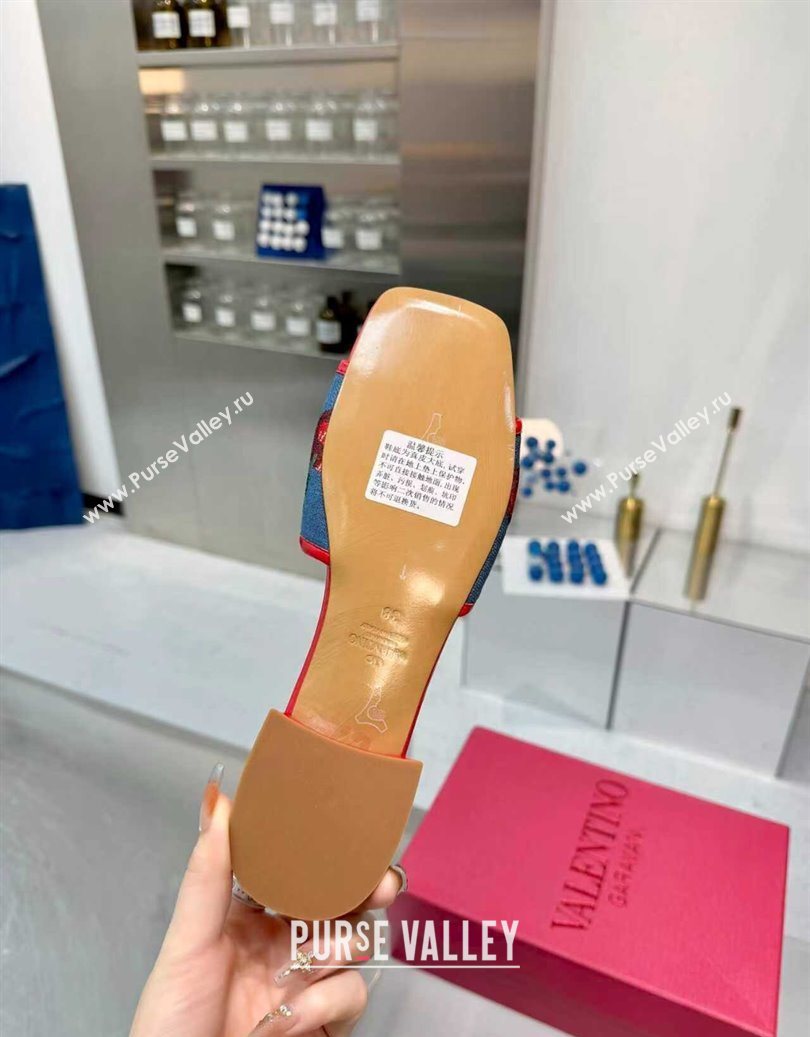 Valentino VLogo Signature Cherryfic Slides Sandal 3cm in Blue Denim and Leather Red 2025 1104 (XL-251104096)