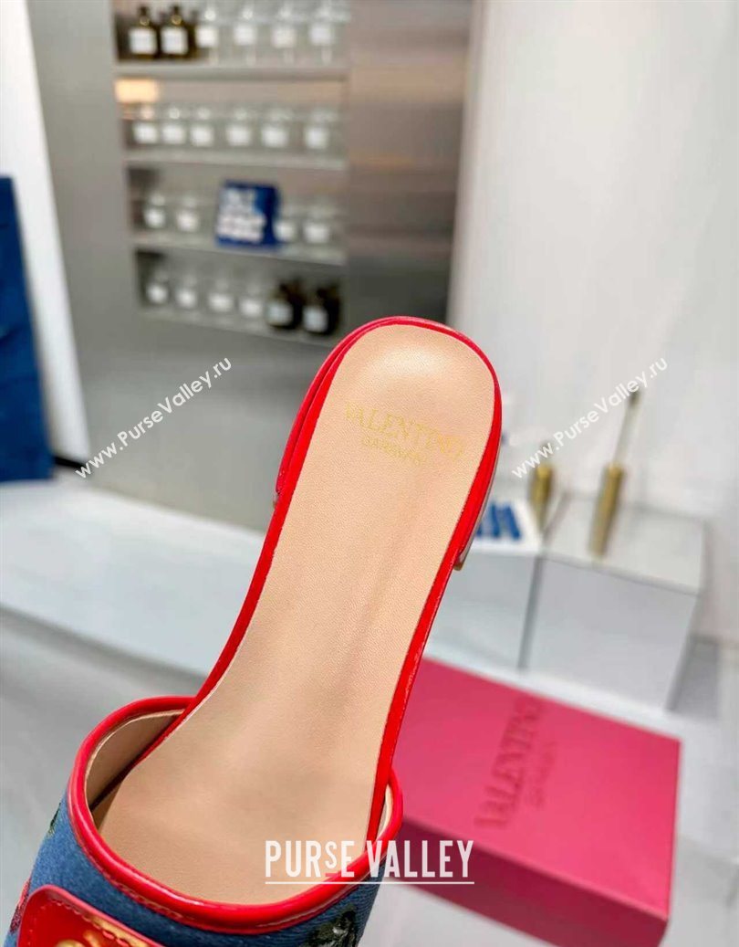 Valentino VLogo Signature Cherryfic Slides Sandal 3cm in Blue Denim and Leather Red 2025 1104 (XL-251104096)