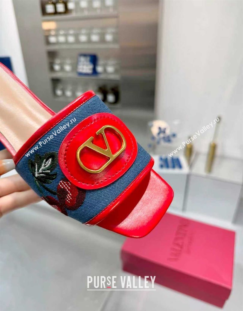 Valentino VLogo Signature Cherryfic Slides Sandal 3cm in Blue Denim and Leather Red 2025 1104 (XL-251104096)