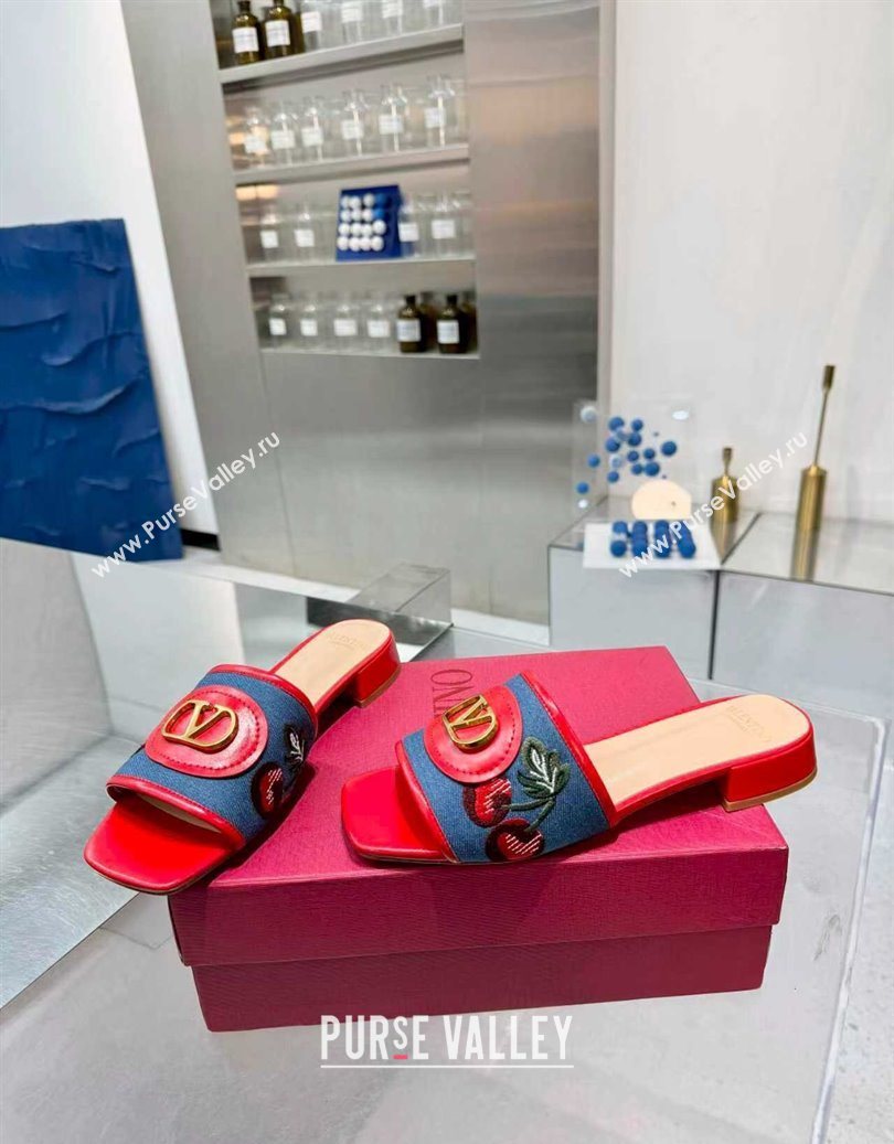 Valentino VLogo Signature Cherryfic Slides Sandal 3cm in Blue Denim and Leather Red 2025 1104 (XL-251104096)