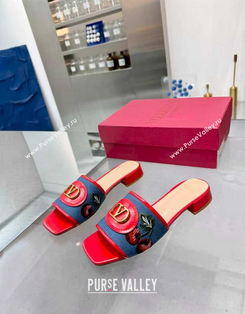 Valentino VLogo Signature Cherryfic Slides Sandal 3cm in Blue Denim and Leather Red 2025 1104 (XL-251104096)