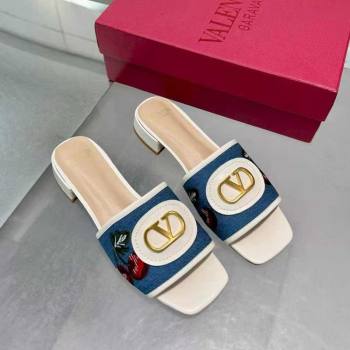 Valentino VLogo Signature Cherryfic Slides Sandal 3cm in Blue Denim and Leather White 2025 1104 (XL-251104097)