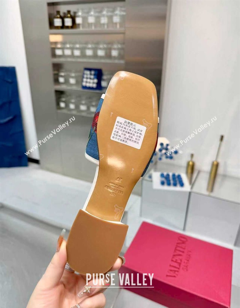 Valentino VLogo Signature Cherryfic Slides Sandal 3cm in Blue Denim and Leather White 2025 1104 (XL-251104097)