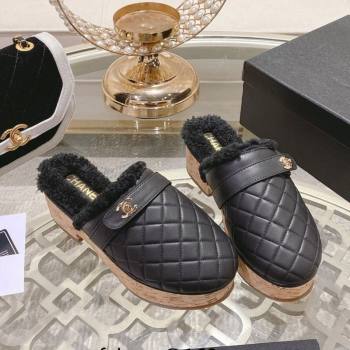 Chanel Quilted Calfskin Leather and Wool Platform Mules with Strap Black 2025 CH110407 (MD-251104078)