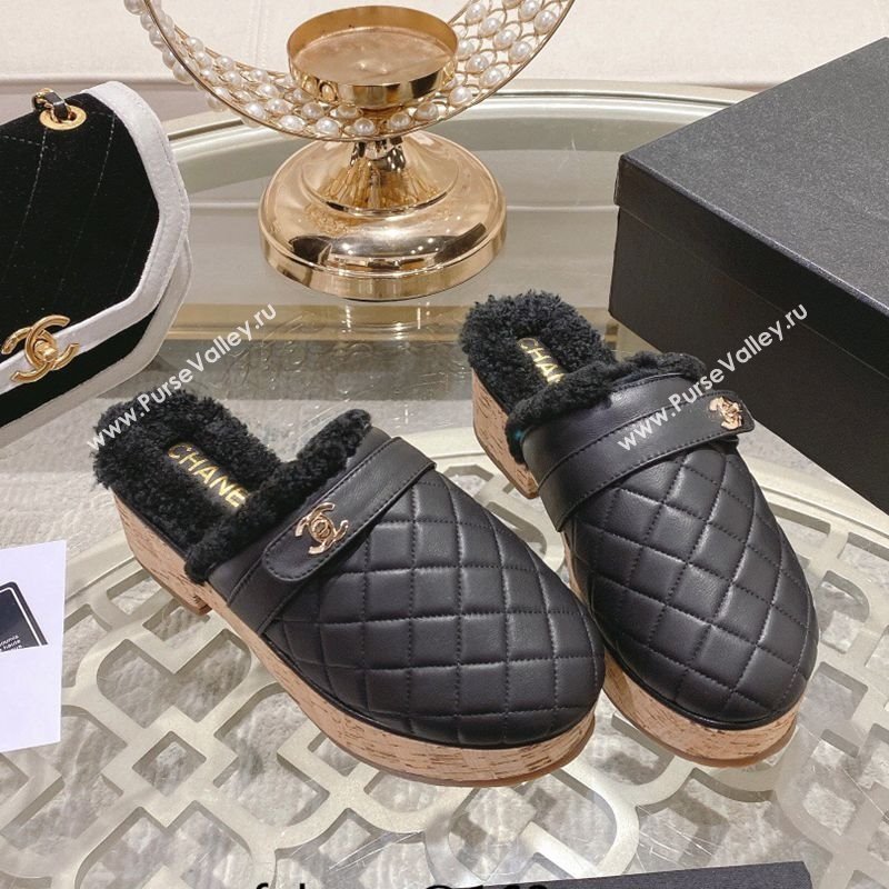 Chanel Quilted Calfskin Leather and Wool Platform Mules with Strap Black 2025 CH110407 (MD-251104078)