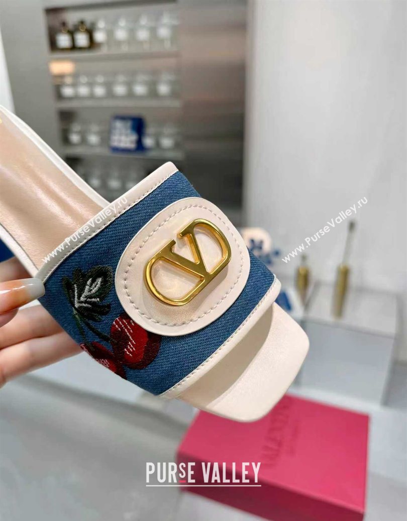 Valentino VLogo Signature Cherryfic Slides Sandal 3cm in Blue Denim and Leather White 2025 1104 (XL-251104097)