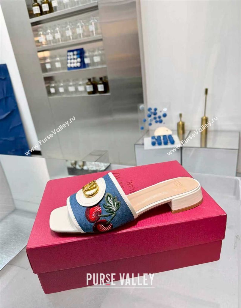 Valentino VLogo Signature Cherryfic Slides Sandal 3cm in Blue Denim and Leather White 2025 1104 (XL-251104097)