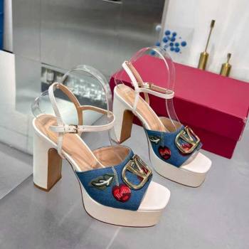 Valentino VLogo Signature Cherryfic Platform Sandals 11cm in Blue Denim and Leather White 2025 1104 (XL-251104098)