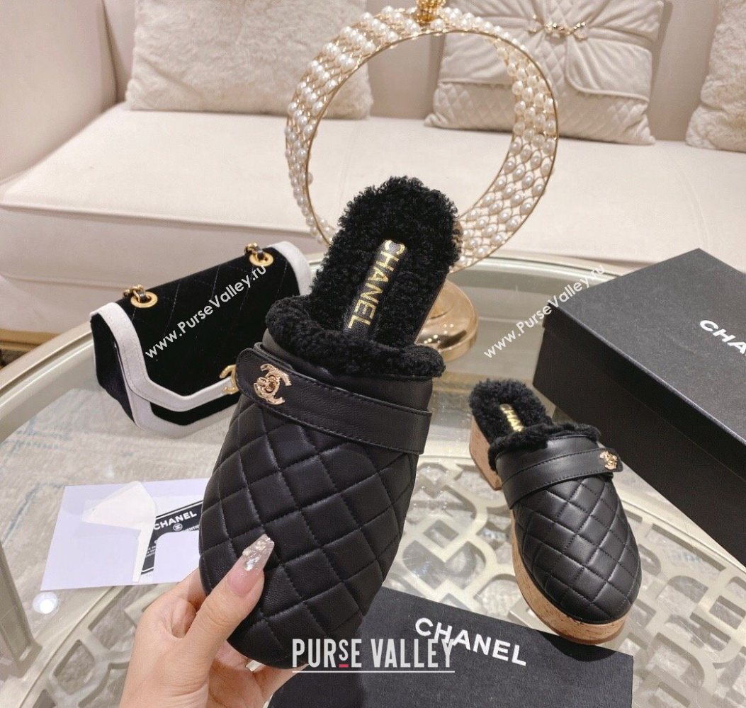Chanel Quilted Calfskin Leather and Wool Platform Mules with Strap Black 2025 CH110407 (MD-251104078)
