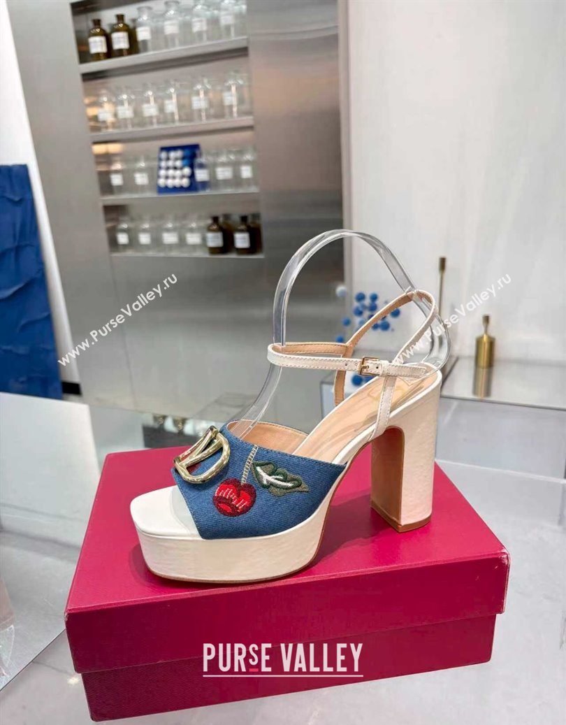 Valentino VLogo Signature Cherryfic Platform Sandals 11cm in Blue Denim and Leather White 2025 1104 (XL-251104098)