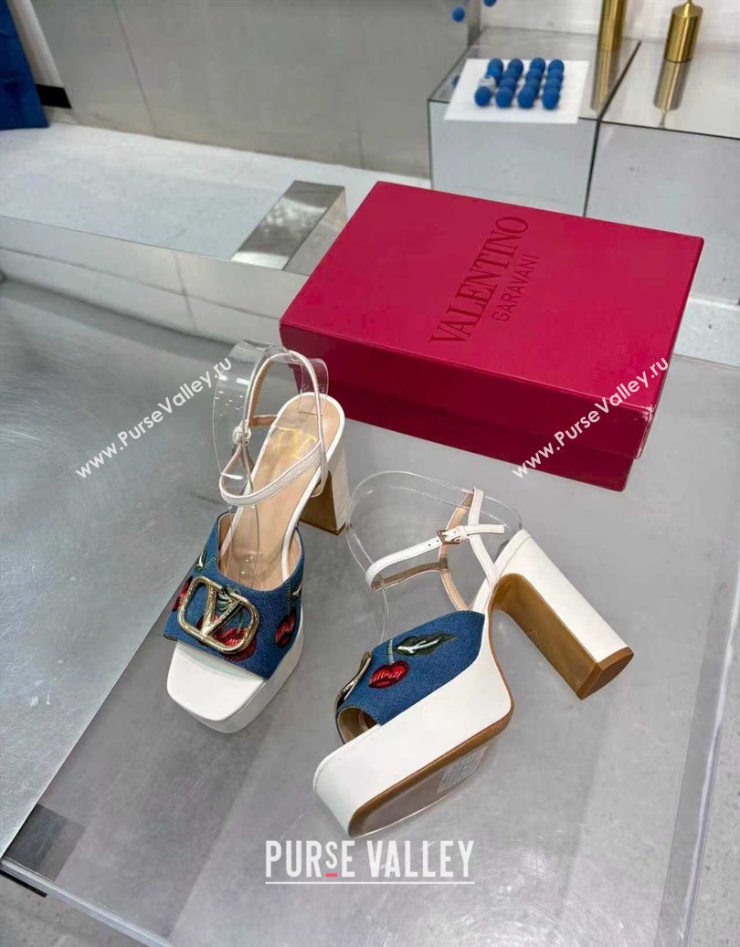 Valentino VLogo Signature Cherryfic Platform Sandals 11cm in Blue Denim and Leather White 2025 1104 (XL-251104098)