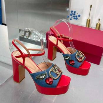 Valentino VLogo Signature Cherryfic Platform Sandals 11cm in Blue Denim and Leather Red 2025 1104 (XL-251104099)