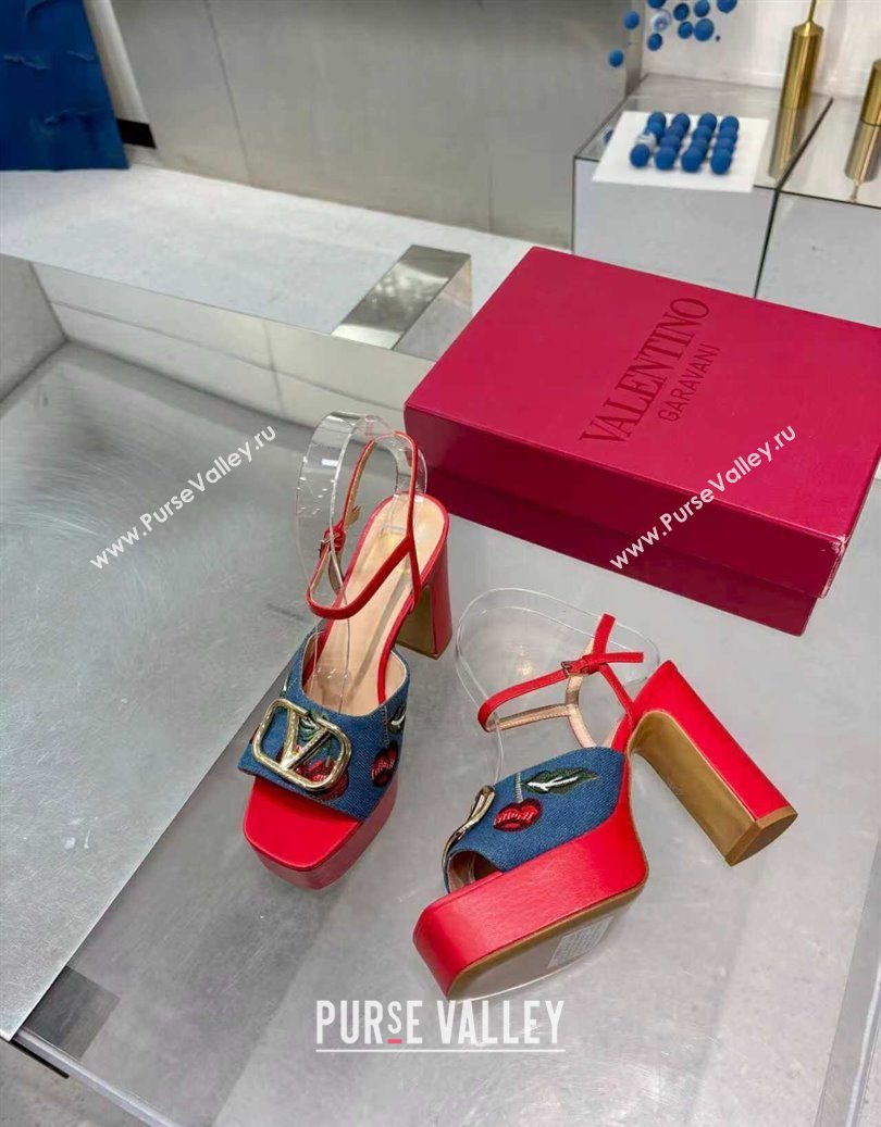 Valentino VLogo Signature Cherryfic Platform Sandals 11cm in Blue Denim and Leather Red 2025 1104 (XL-251104099)