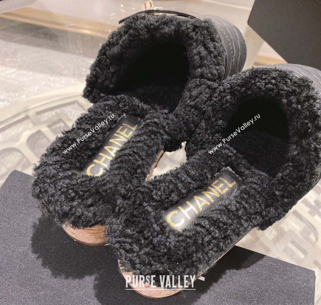 Chanel Quilted Calfskin Leather and Wool Platform Mules with Strap Black 2025 CH110407 (MD-251104078)