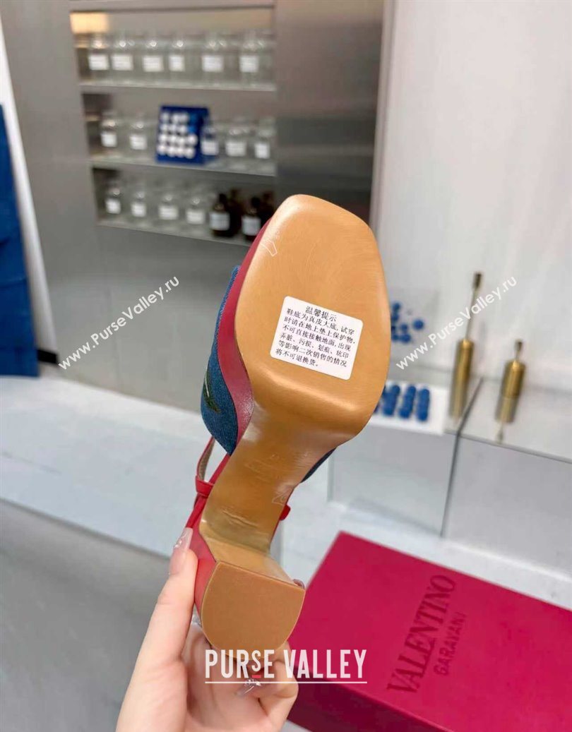 Valentino VLogo Signature Cherryfic Platform Sandals 11cm in Blue Denim and Leather Red 2025 1104 (XL-251104099)