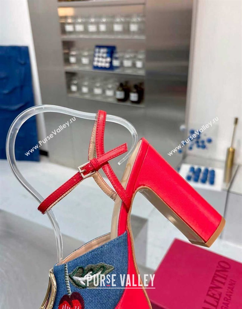 Valentino VLogo Signature Cherryfic Platform Sandals 11cm in Blue Denim and Leather Red 2025 1104 (XL-251104099)