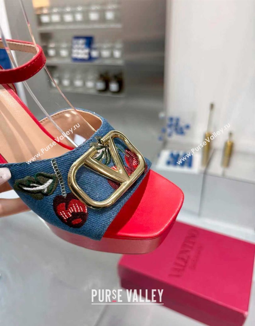Valentino VLogo Signature Cherryfic Platform Sandals 11cm in Blue Denim and Leather Red 2025 1104 (XL-251104099)