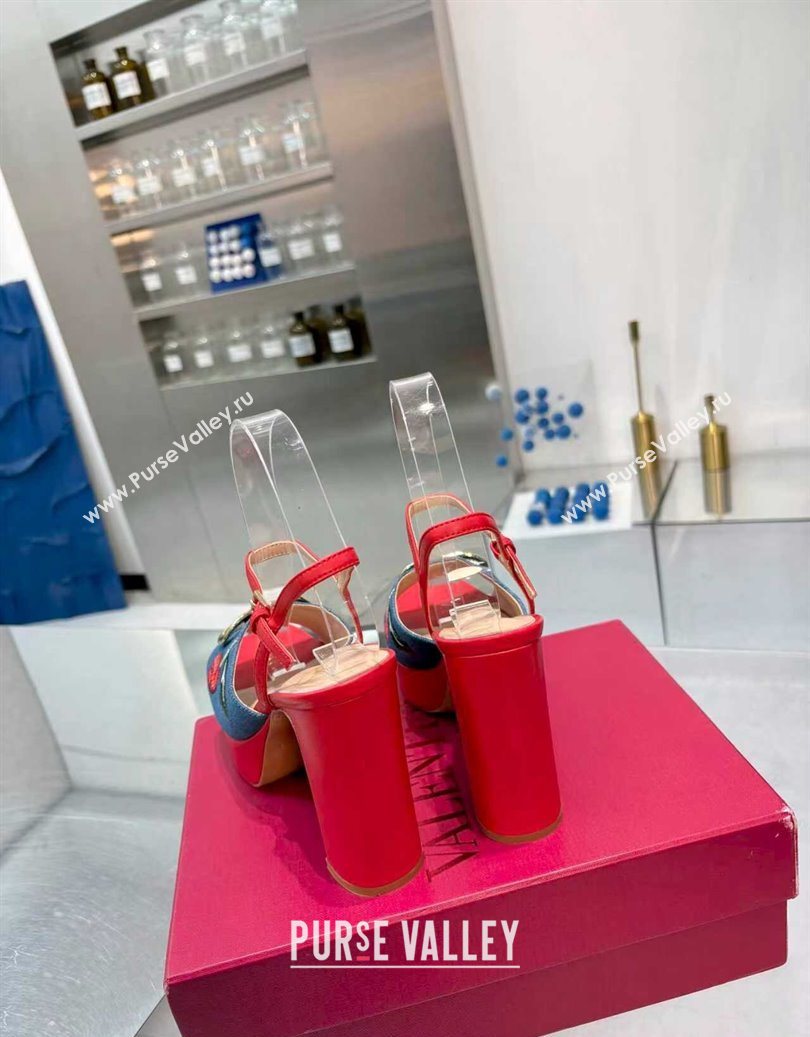 Valentino VLogo Signature Cherryfic Platform Sandals 11cm in Blue Denim and Leather Red 2025 1104 (XL-251104099)
