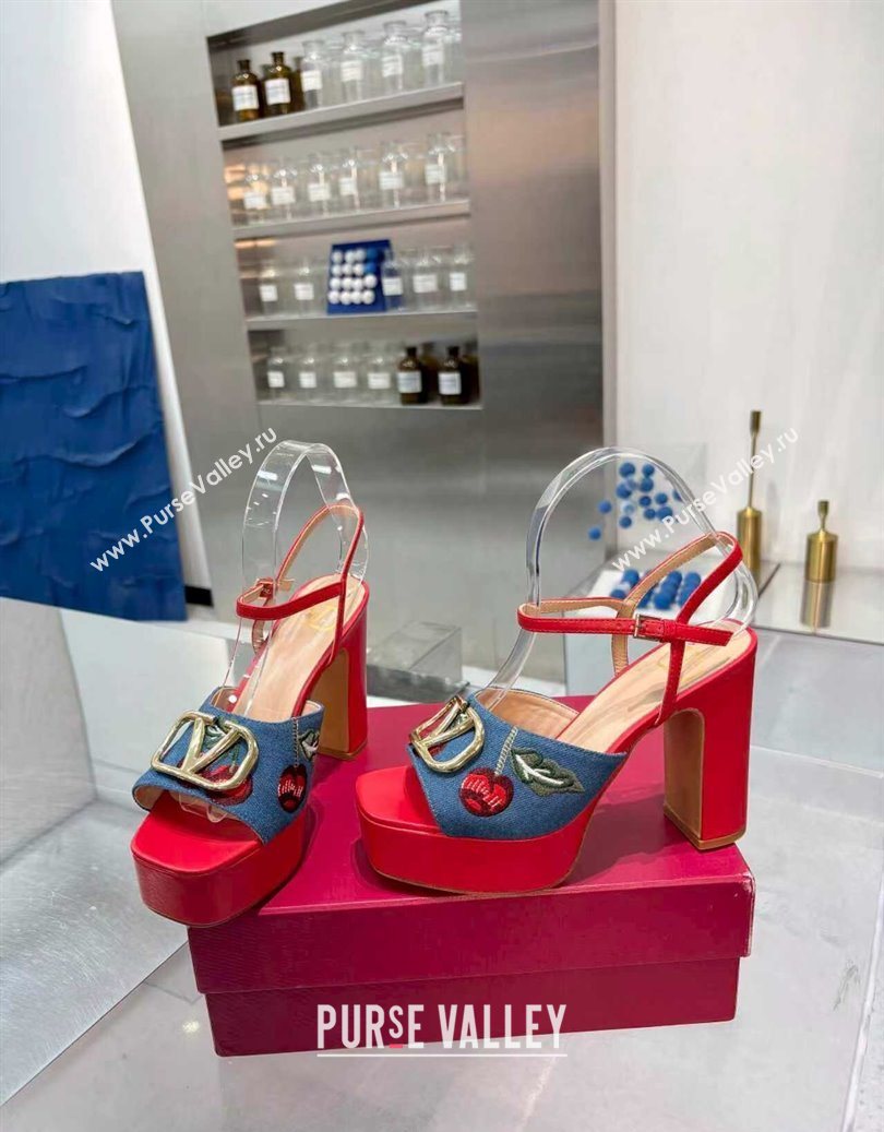 Valentino VLogo Signature Cherryfic Platform Sandals 11cm in Blue Denim and Leather Red 2025 1104 (XL-251104099)