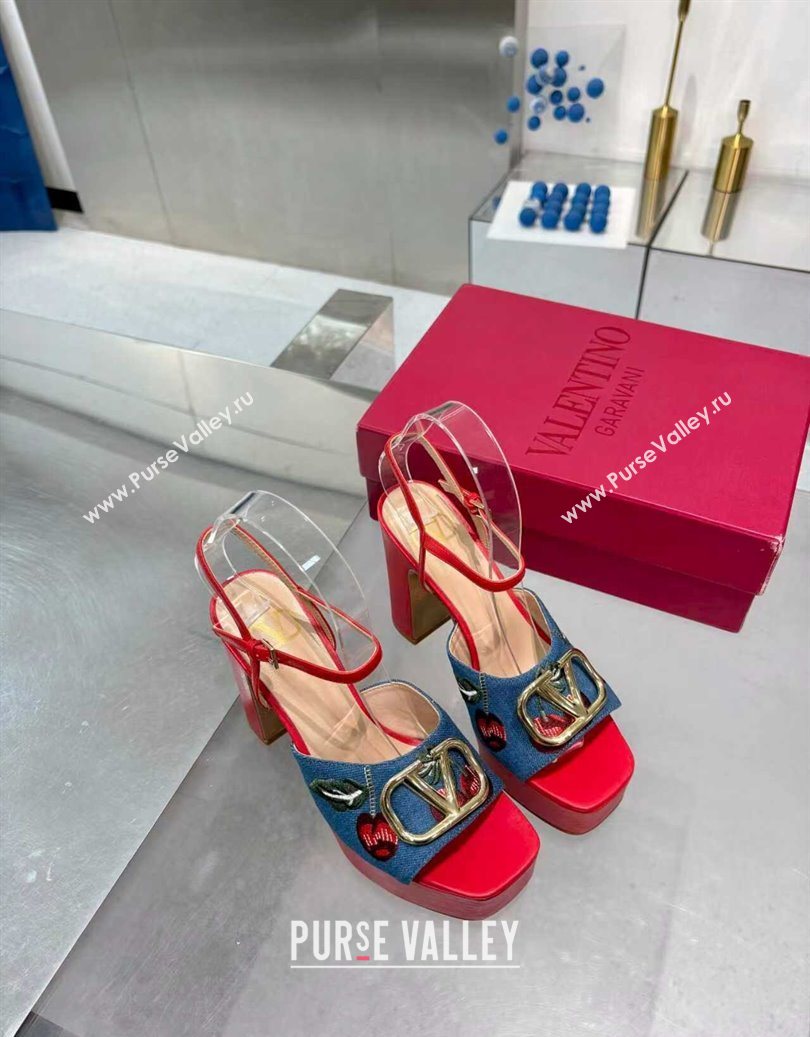 Valentino VLogo Signature Cherryfic Platform Sandals 11cm in Blue Denim and Leather Red 2025 1104 (XL-251104099)