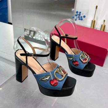 Valentino VLogo Signature Cherryfic Platform Sandals 11cm in Blue Denim and Leather Black 2025 1104 (XL-251104100)