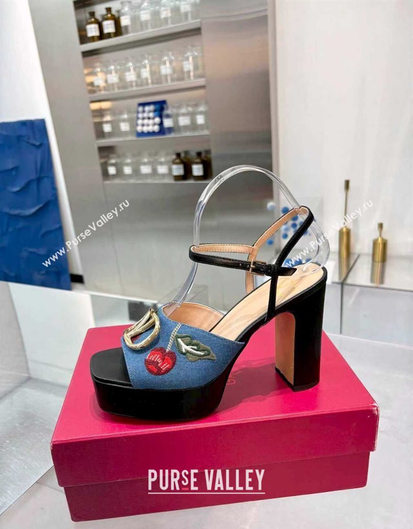 Valentino VLogo Signature Cherryfic Platform Sandals 11cm in Blue Denim and Leather Black 2025 1104 (XL-251104100)