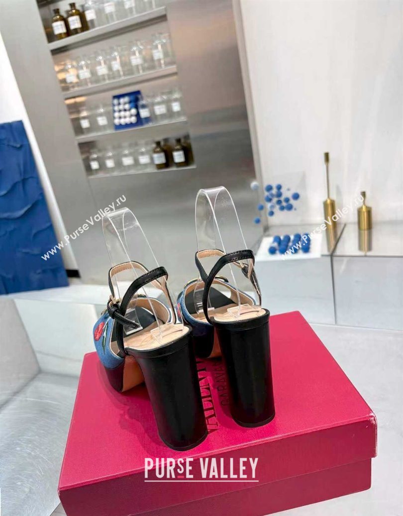 Valentino VLogo Signature Cherryfic Platform Sandals 11cm in Blue Denim and Leather Black 2025 1104 (XL-251104100)