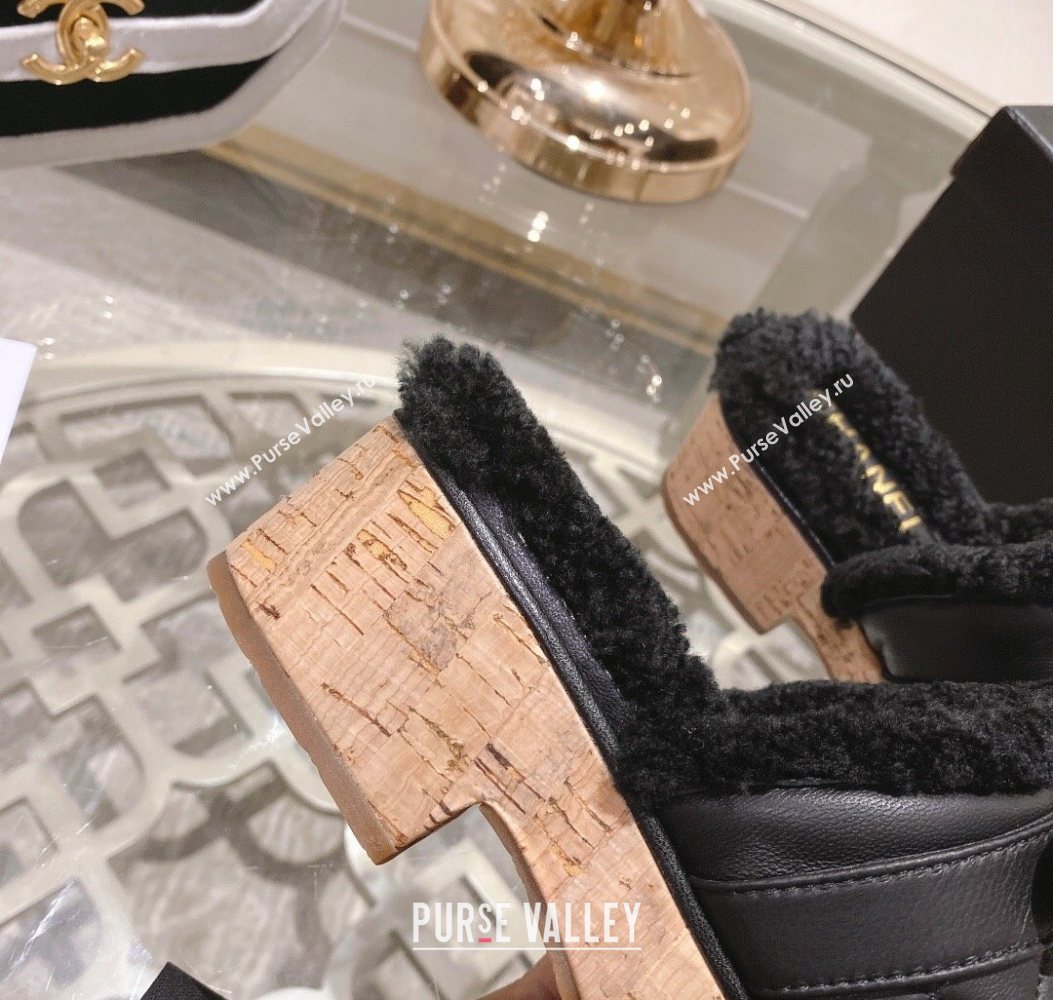 Chanel Quilted Calfskin Leather and Wool Platform Mules with Strap Black 2025 CH110407 (MD-251104078)