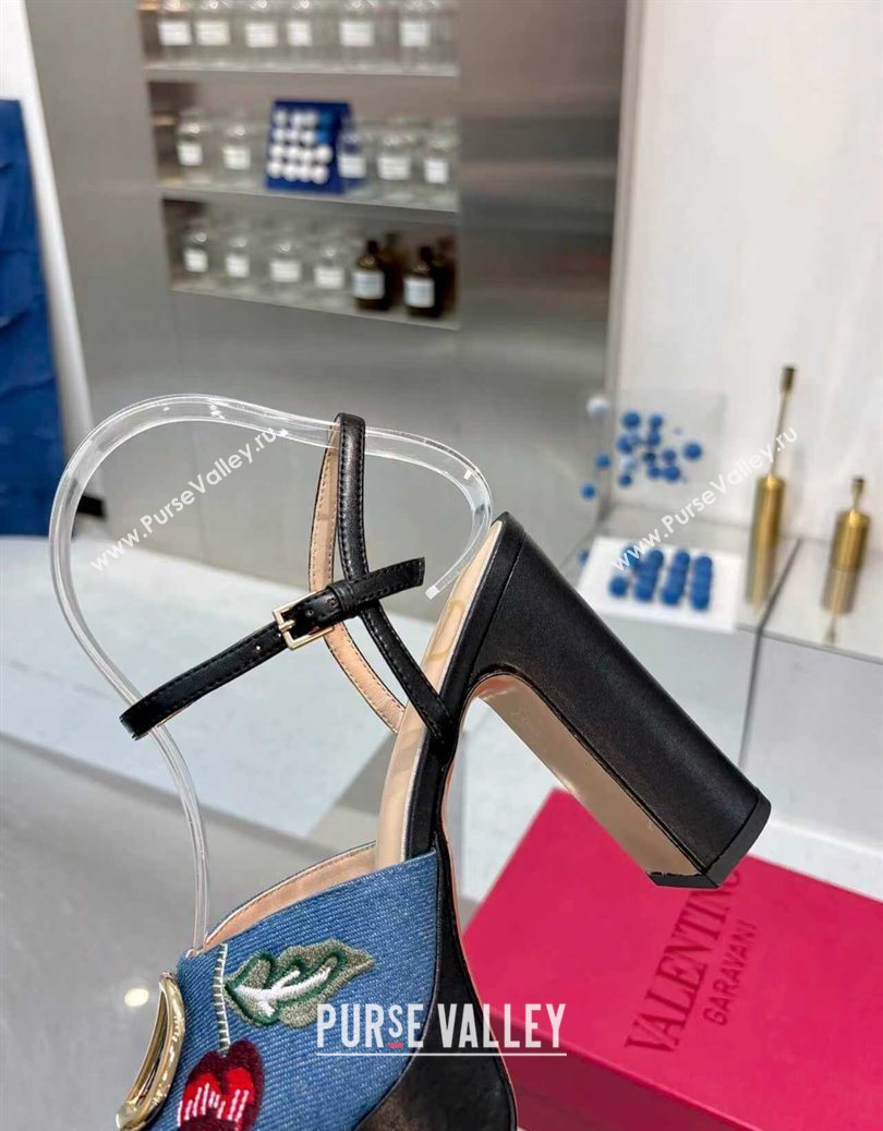 Valentino VLogo Signature Cherryfic Platform Sandals 11cm in Blue Denim and Leather Black 2025 1104 (XL-251104100)