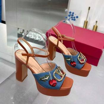 Valentino VLogo Signature Cherryfic Platform Sandals 11cm in Blue Denim and Leather Brown 2025 1104 (XL-251104101)