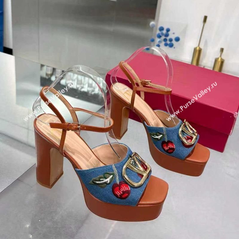 Valentino VLogo Signature Cherryfic Platform Sandals 11cm in Blue Denim and Leather Brown 2025 1104 (XL-251104101)