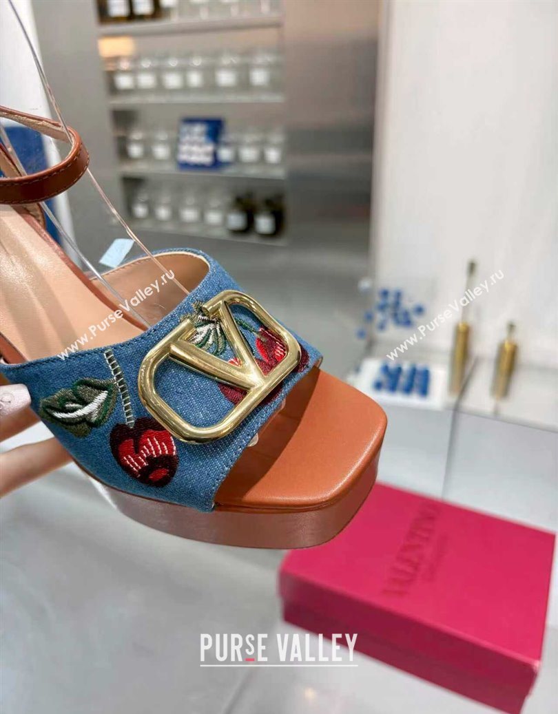 Valentino VLogo Signature Cherryfic Platform Sandals 11cm in Blue Denim and Leather Brown 2025 1104 (XL-251104101)