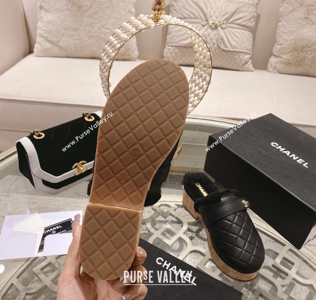 Chanel Quilted Calfskin Leather and Wool Platform Mules with Strap Black 2025 CH110407 (MD-251104078)