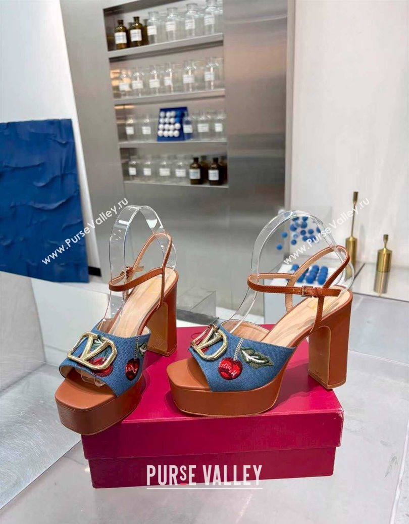 Valentino VLogo Signature Cherryfic Platform Sandals 11cm in Blue Denim and Leather Brown 2025 1104 (XL-251104101)