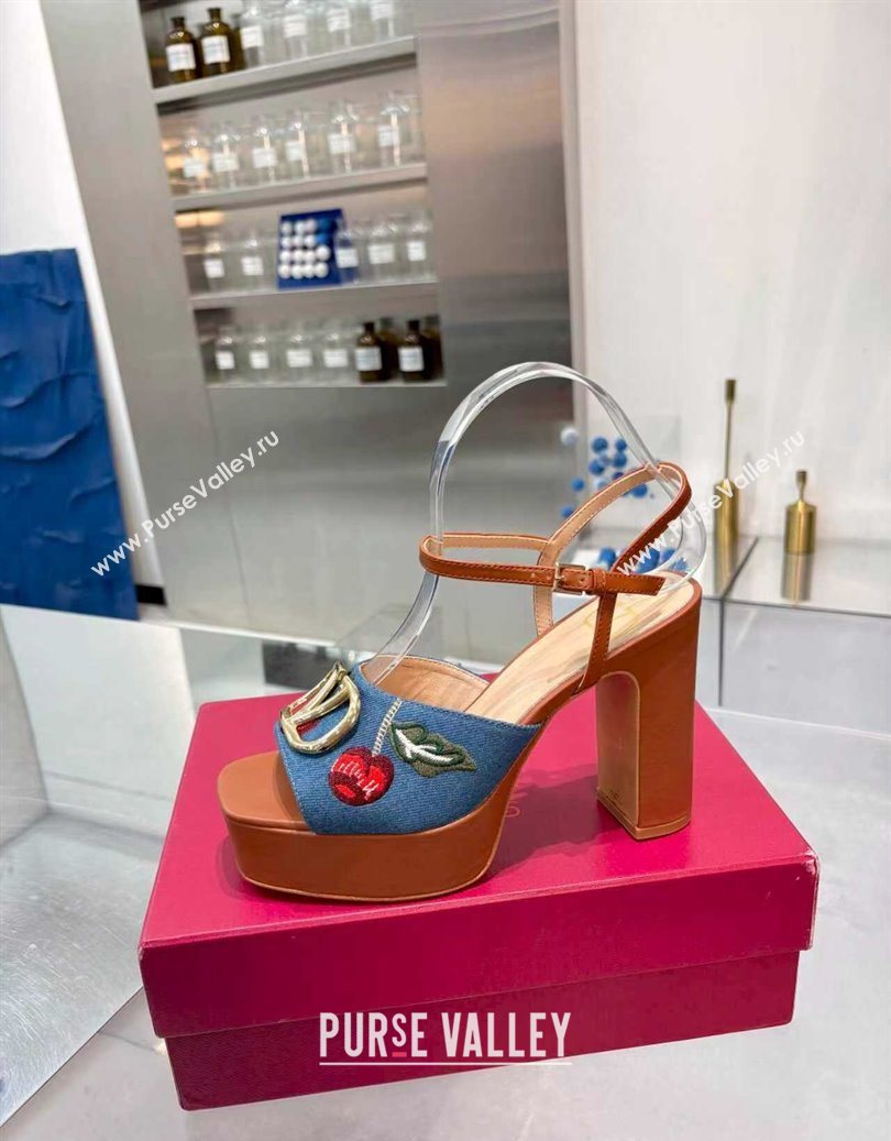 Valentino VLogo Signature Cherryfic Platform Sandals 11cm in Blue Denim and Leather Brown 2025 1104 (XL-251104101)