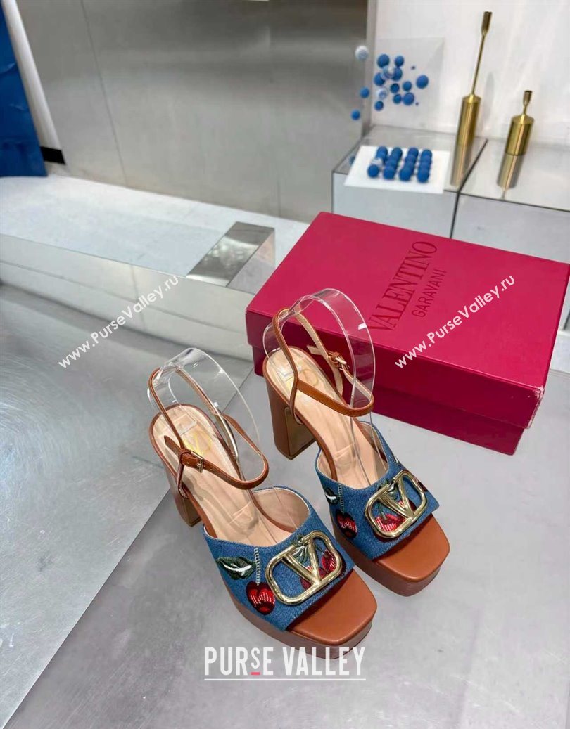 Valentino VLogo Signature Cherryfic Platform Sandals 11cm in Blue Denim and Leather Brown 2025 1104 (XL-251104101)