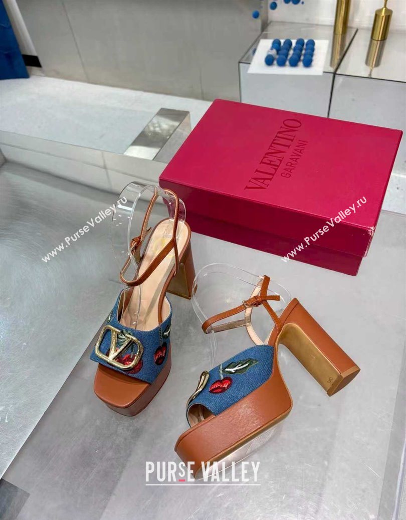 Valentino VLogo Signature Cherryfic Platform Sandals 11cm in Blue Denim and Leather Brown 2025 1104 (XL-251104101)