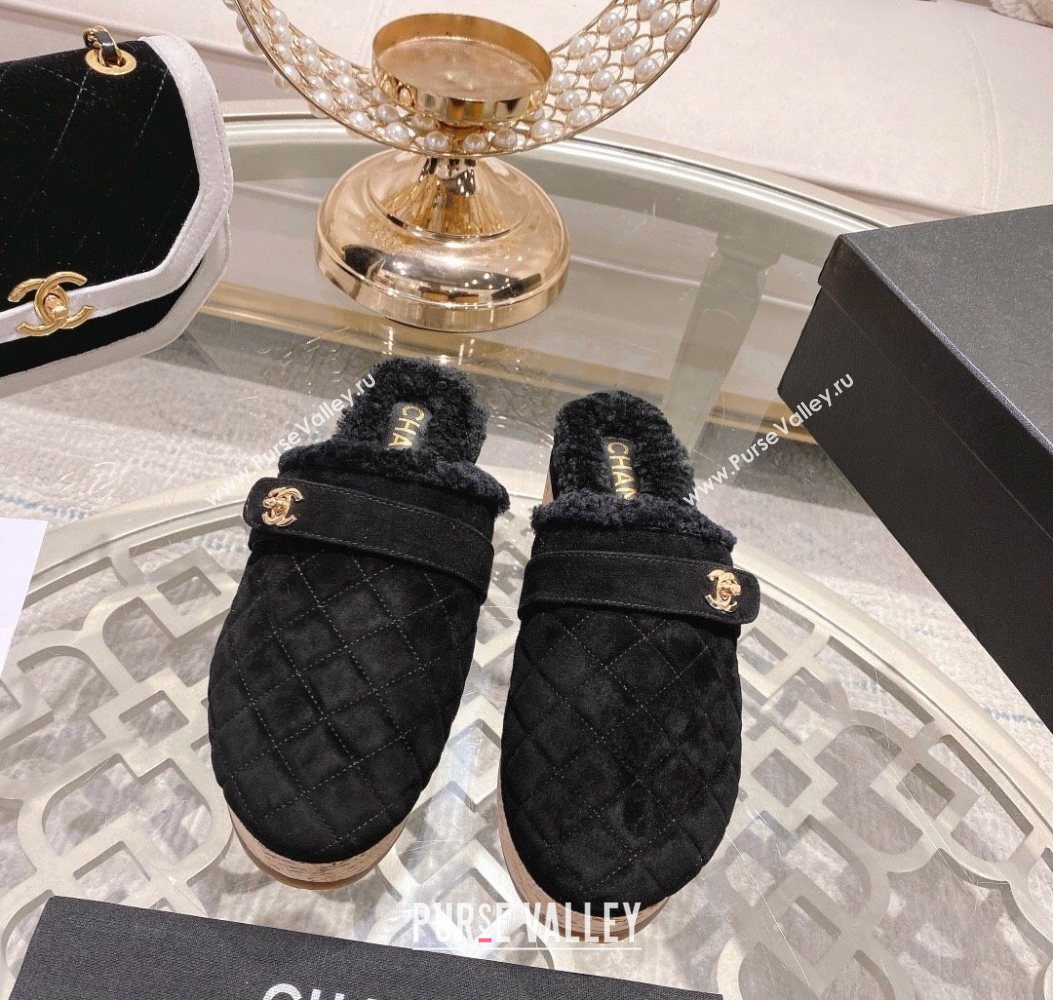 Chanel Quilted Suede and Wool Platform Mules with Strap Black 2025 CH110407 (MD-251104076)