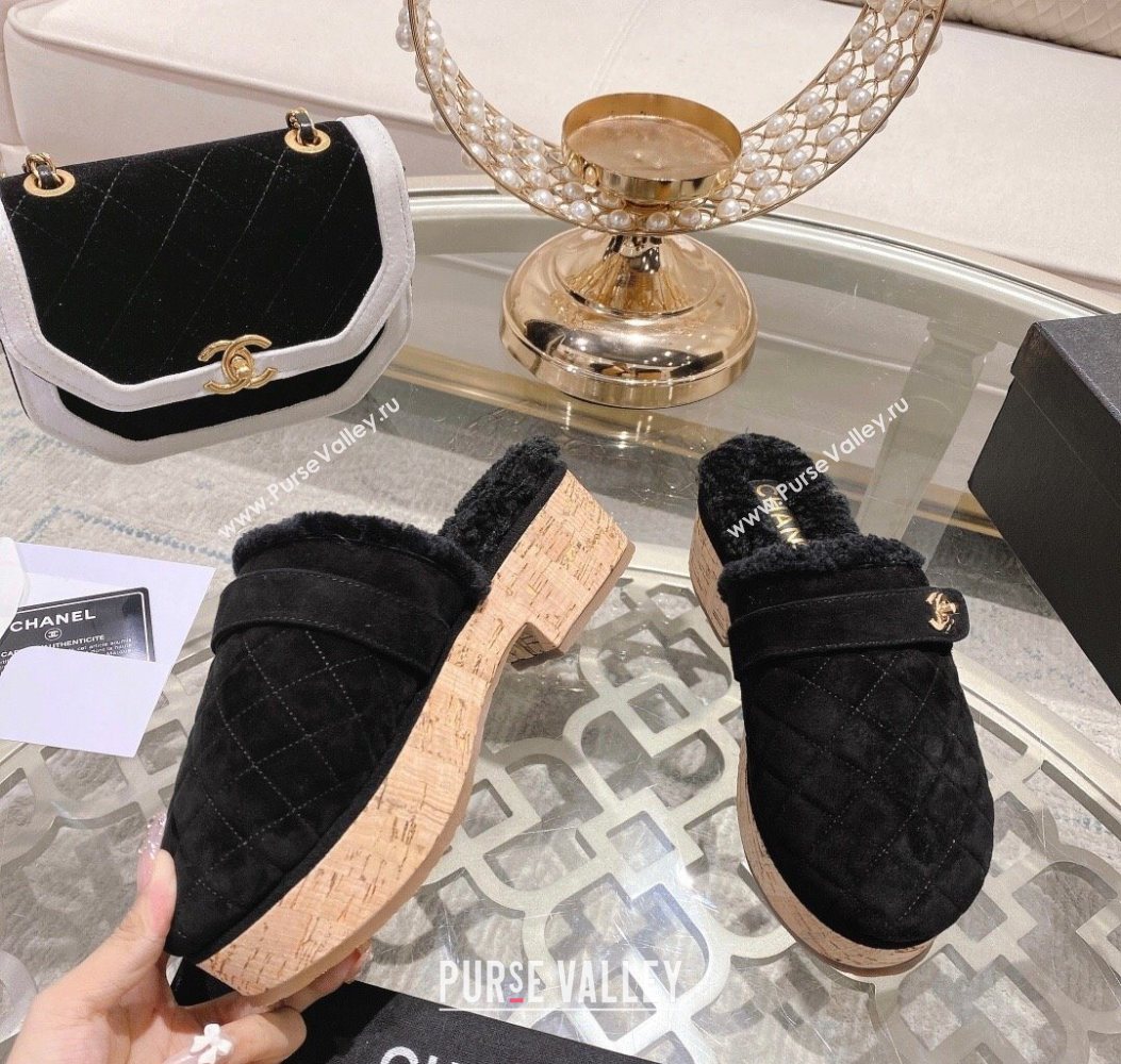 Chanel Quilted Suede and Wool Platform Mules with Strap Black 2025 CH110407 (MD-251104076)