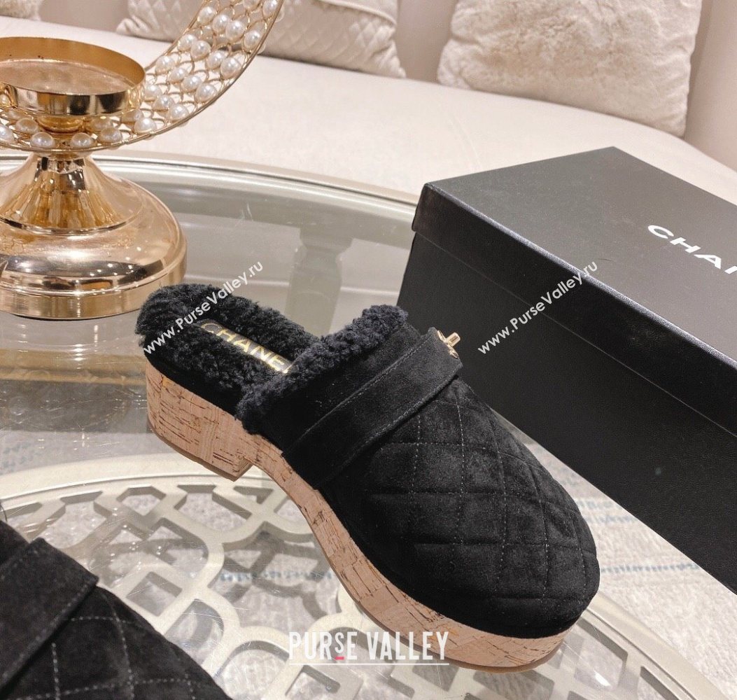 Chanel Quilted Suede and Wool Platform Mules with Strap Black 2025 CH110407 (MD-251104076)