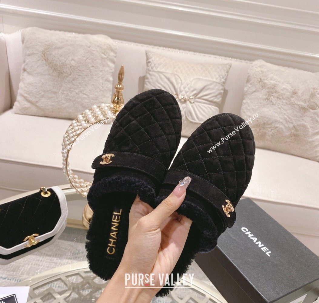 Chanel Quilted Suede and Wool Platform Mules with Strap Black 2025 CH110407 (MD-251104076)
