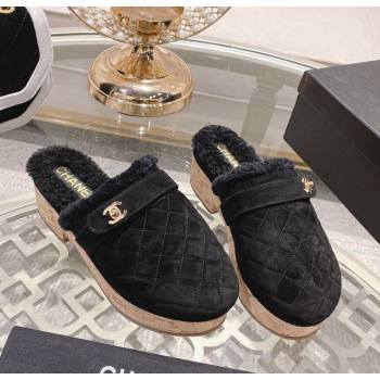 Chanel Quilted Suede and Wool Platform Mules with Strap Black 2025 CH110407 (MD-251104076)