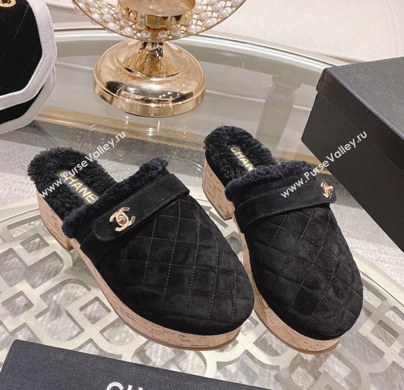Chanel Quilted Suede and Wool Platform Mules with Strap Black 2025 CH110407 (MD-251104076)